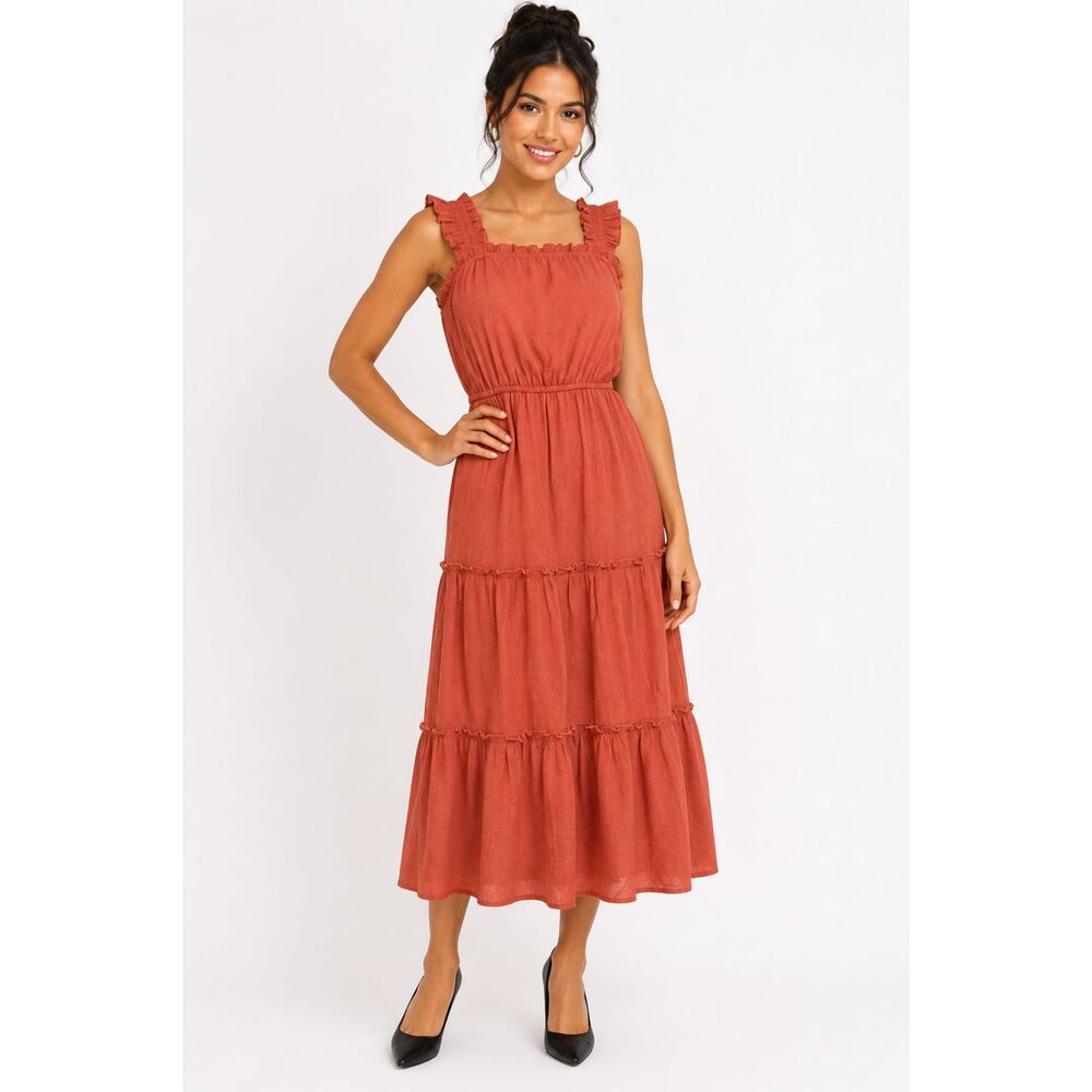JUNE & HUDSON Midi Tiered Skirt Dress Terracotta Color Ruffle Straps Sz M
